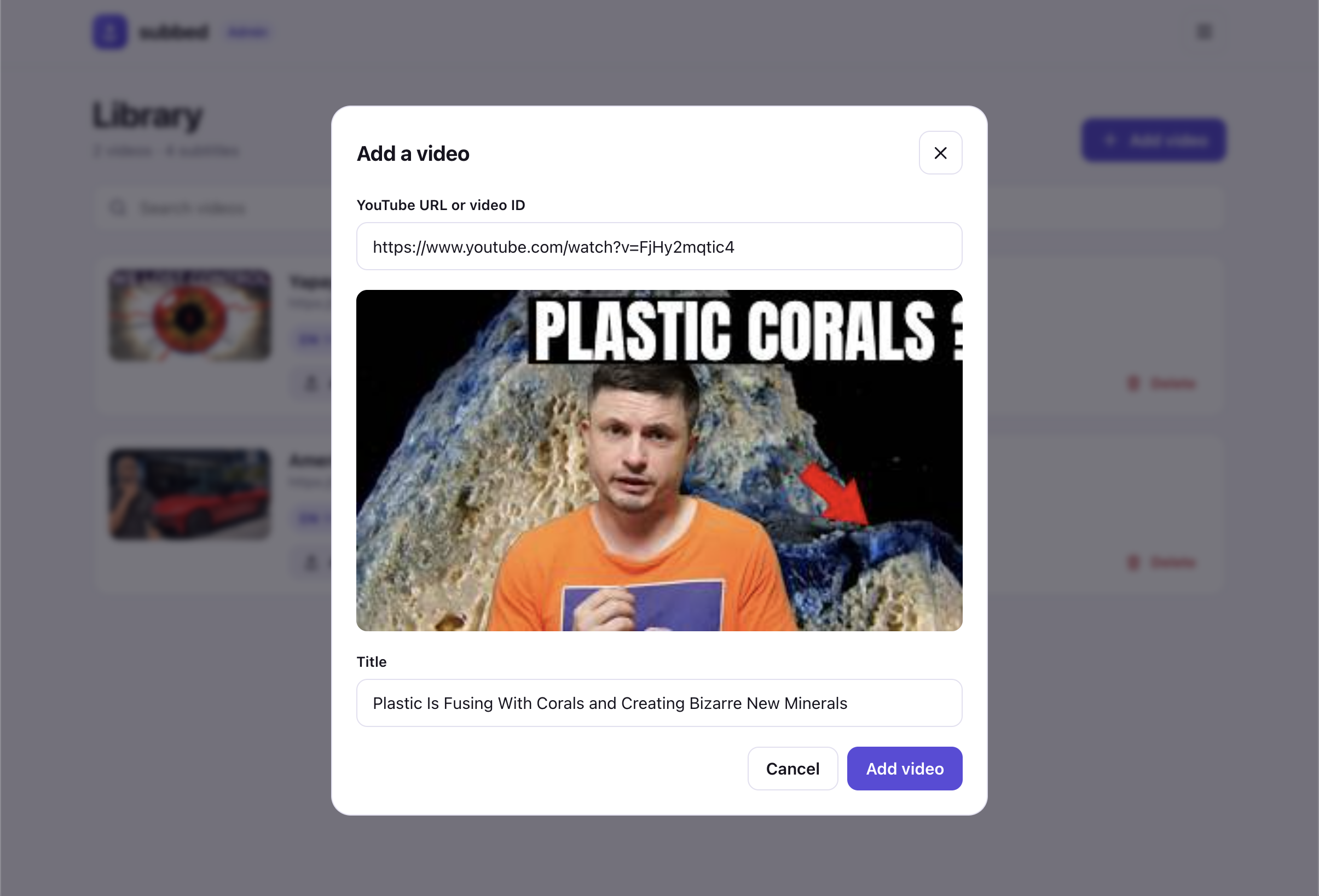 popup for adding new videos