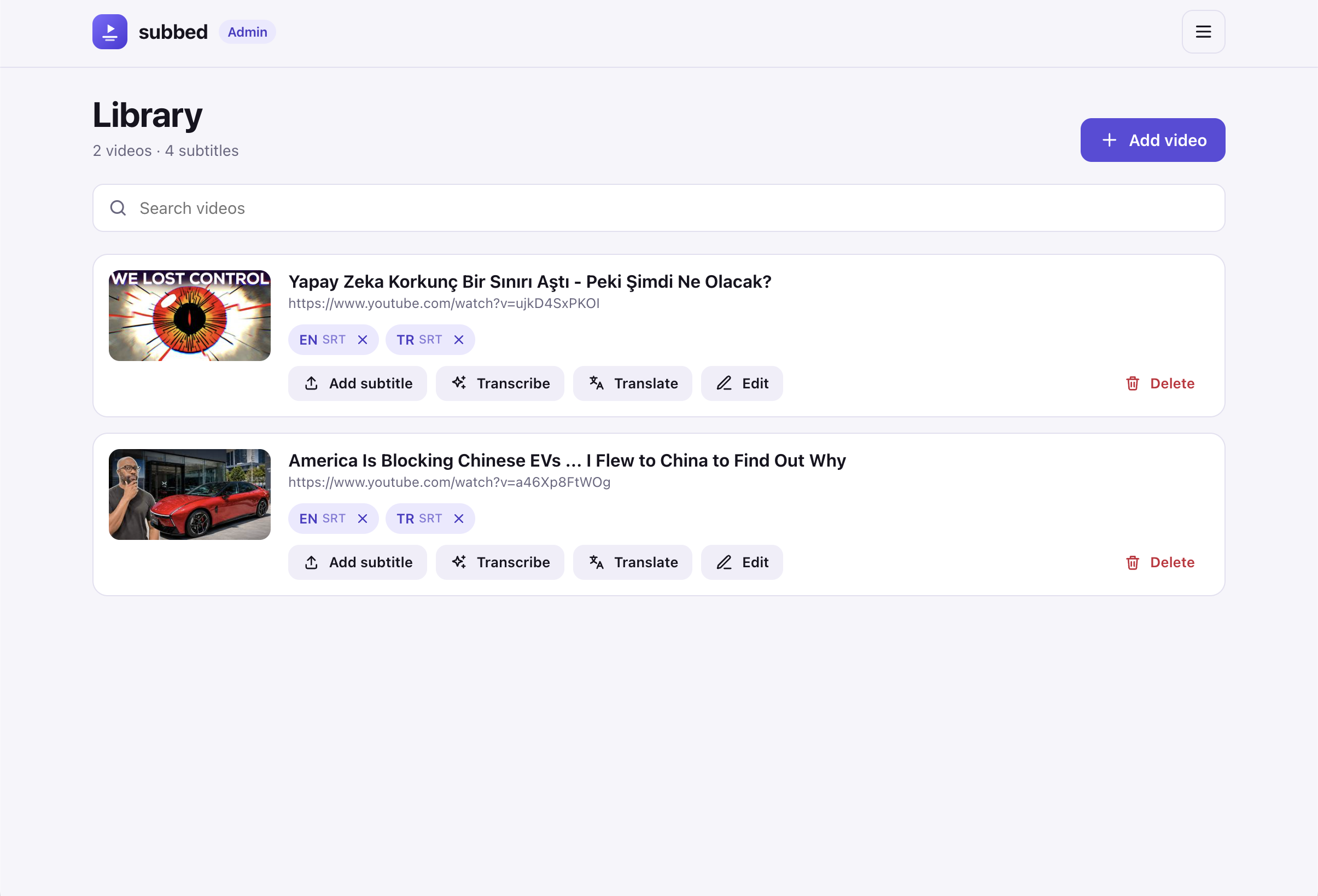 library view showing available videos and subtitles