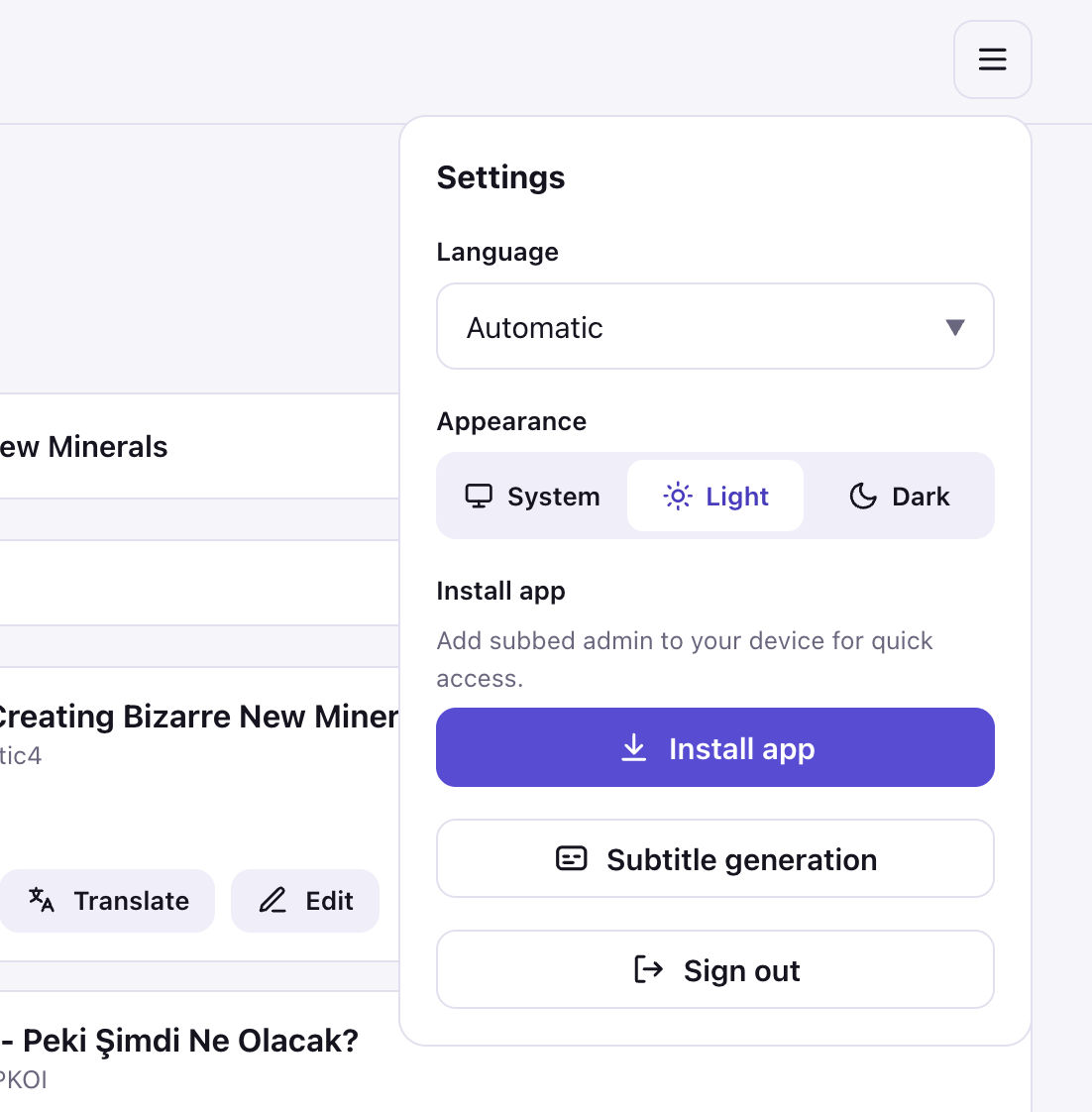 settings menu