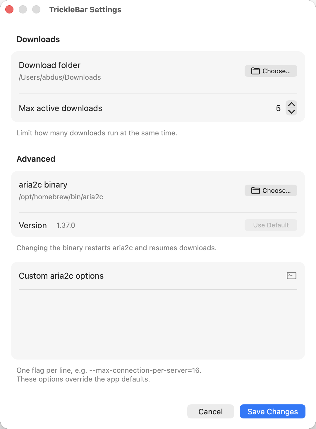 tricklebar settings panel screenshot